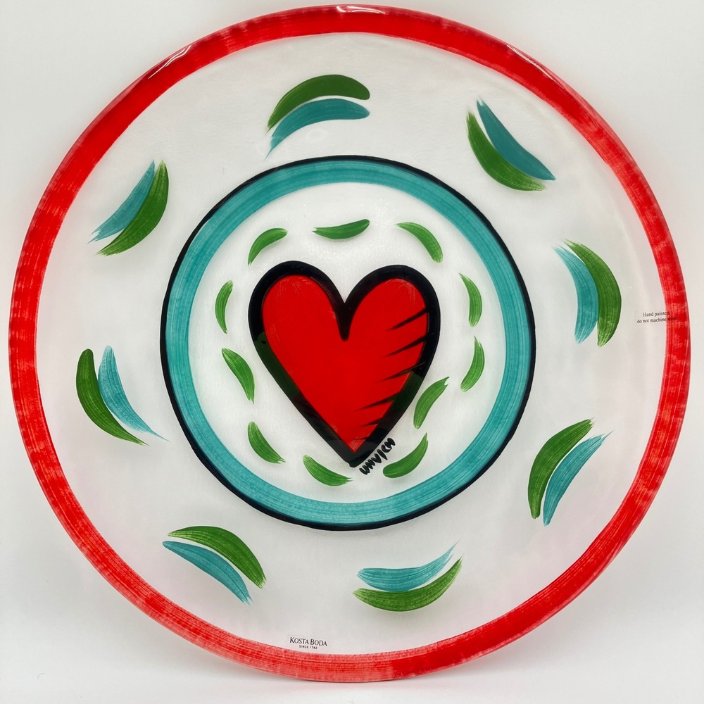 Kosta Boda Ulrica Hydman Vallien Heart Art Glass Platter Hand Painted 13 Inch